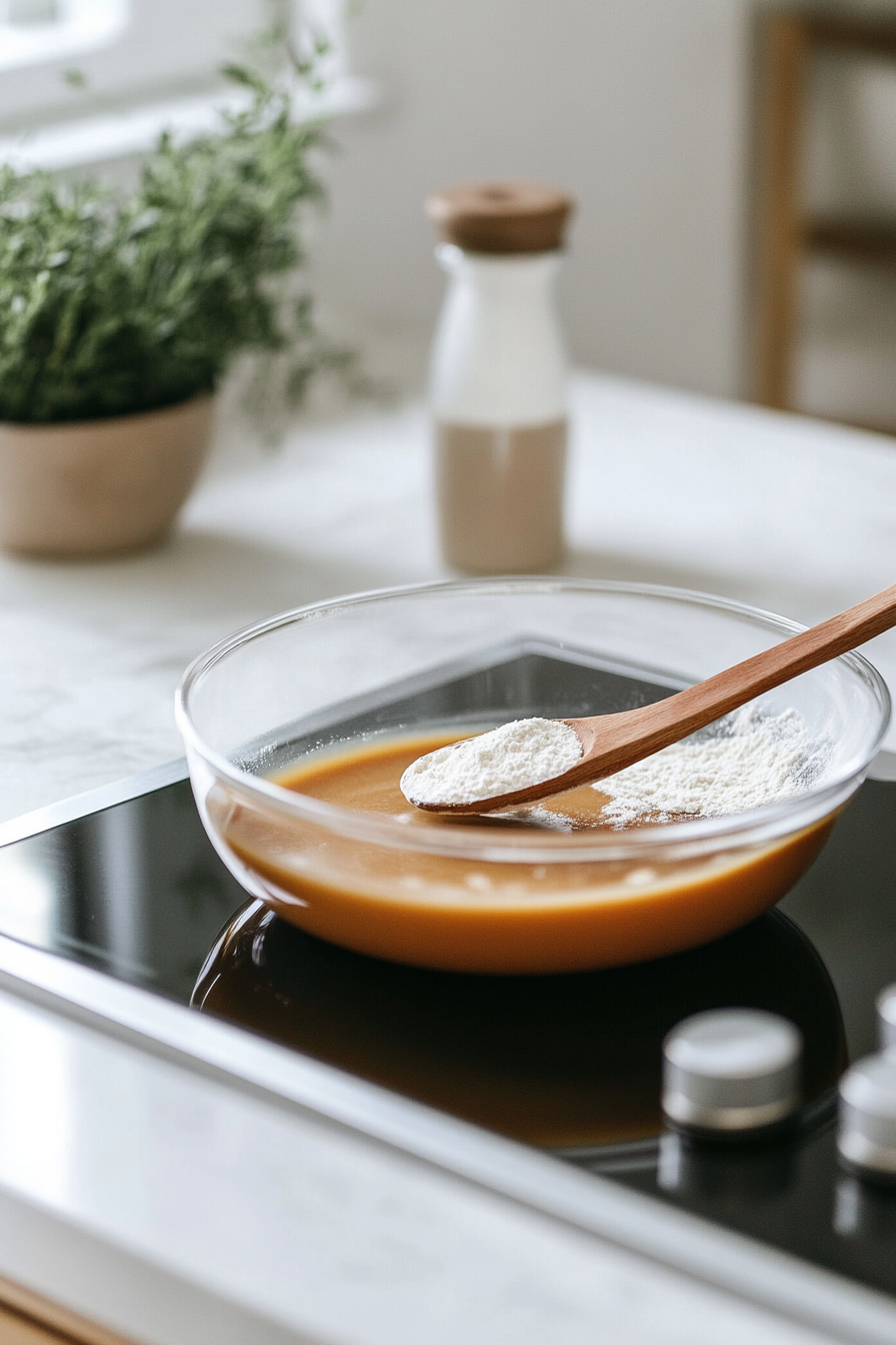 The dry ingredients are being folded into the wet mixture in a large glass bowl on the white marble cooktop. A wooden spoon is stirring, with a bit of flour still visible as the dough forms.