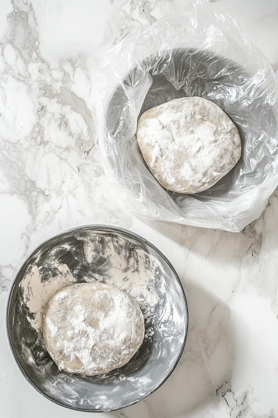 Thick, slightly sticky dough is shown being mixed into the wet ingredients. The dough is divided into two portions, wrapped in plastic wrap, and shaped into discs. The bowls and dough discs rest on the white marble cooktop