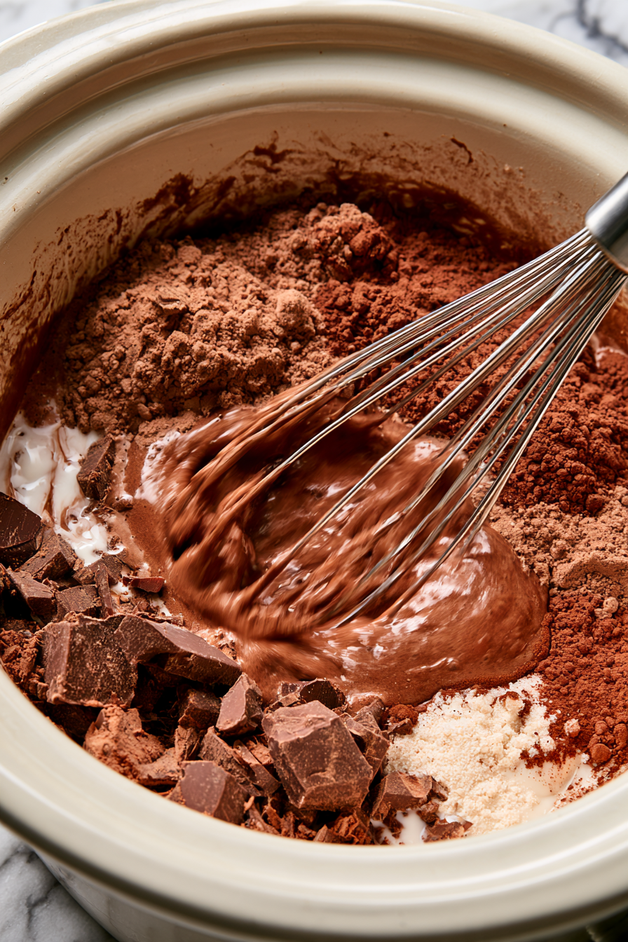 Combine milk, cream, sugar, chocolate, cocoa powder, and vanilla extract in a slow cooker.