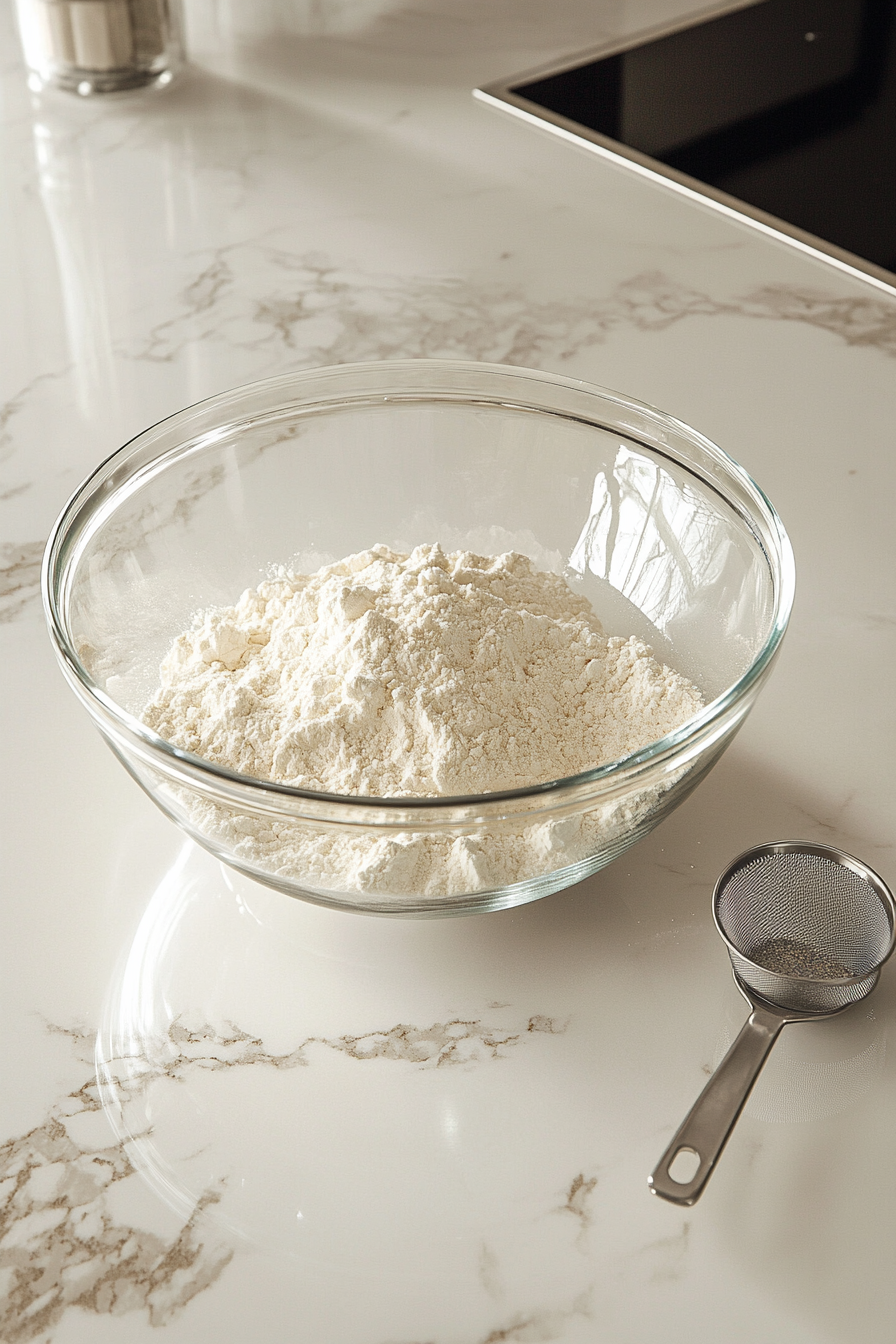 A clear glass mixing bowl on the white marble cooktop filled with sifted cake flour and baking powder, ready to be whisked. A measuring spoon and a small sieve sit nearby to highlight precision.