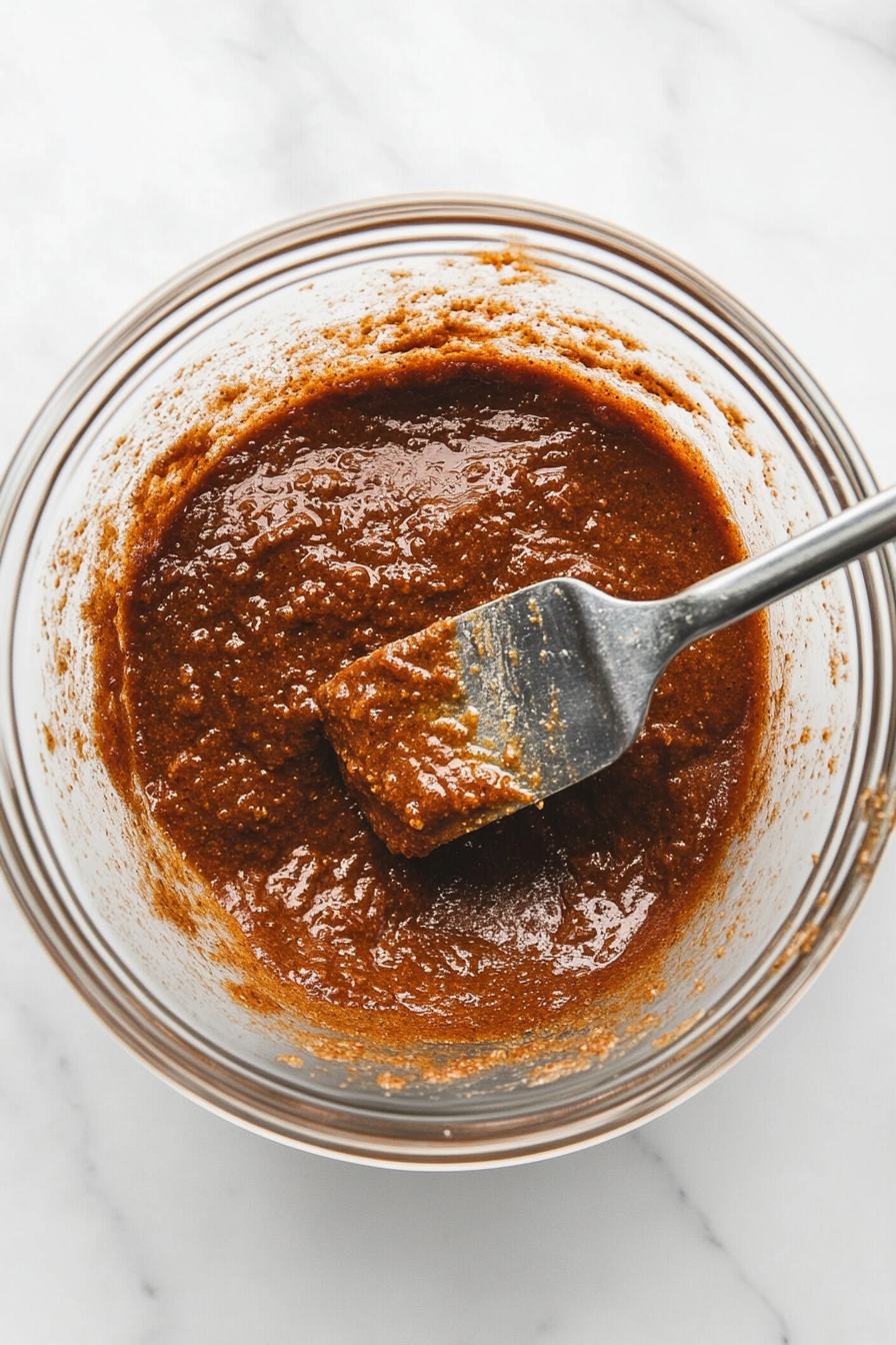 The large glass bowl on the white marble cooktop contains the wet mixture as sifted dry ingredients are slowly folded in using a spatula. The thick batter is speckled with spices, blending into a cohesive mix.