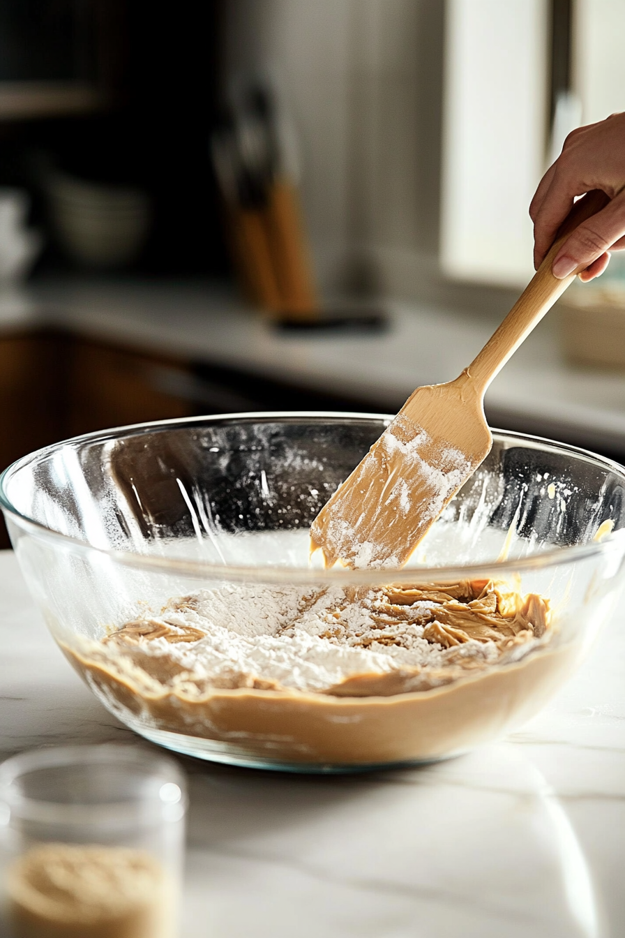 A large glass mixing bowl on the white marble cooktop holds the dry ingredients as melted peanut butter and butter are poured in. A spatula is mixing the rich dough, showing the texture as the ingredients come together.