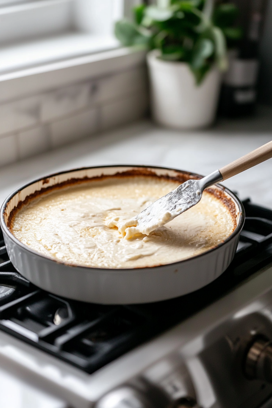 The batter being poured into the greased 9x13-inch baking dish, resting on the white marble cooktop. The batter is spread evenly with a spatula