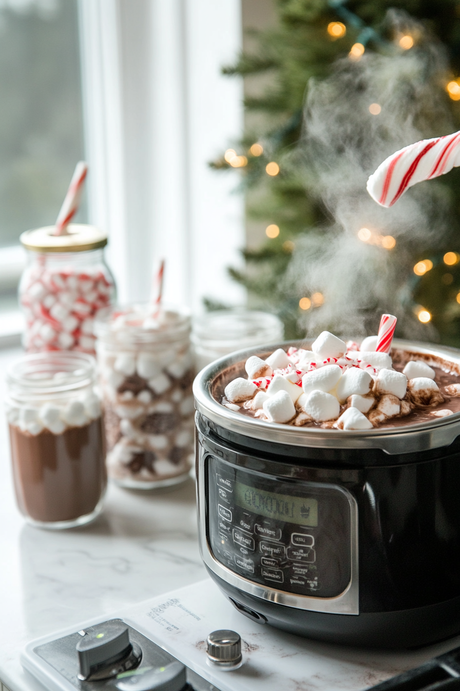 "The slow cooker sits on a white marble cooktop with its lid slightly ajar, releasing steam. A hand is shown whisking the thickening hot chocolate mixture, emphasizing the importance of consistent stirring during cooking."