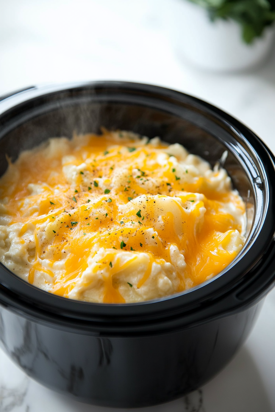 Close-up shot of a shiny black crockpot on the white marble cooktop, covered with its lid, as it cooks the creamy mixture of potatoes, onions, sour cream, and seasonings. A hint of condensation builds up on the inner side of the glass lid.