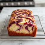 The Cranberry Sauce Swirl Pound Cake is shown resting on a wire rack on the white marble cooktop after being removed from the pan. The swirl pattern on top is fully visible, and the cake cools completely before being ready to slice and serve.