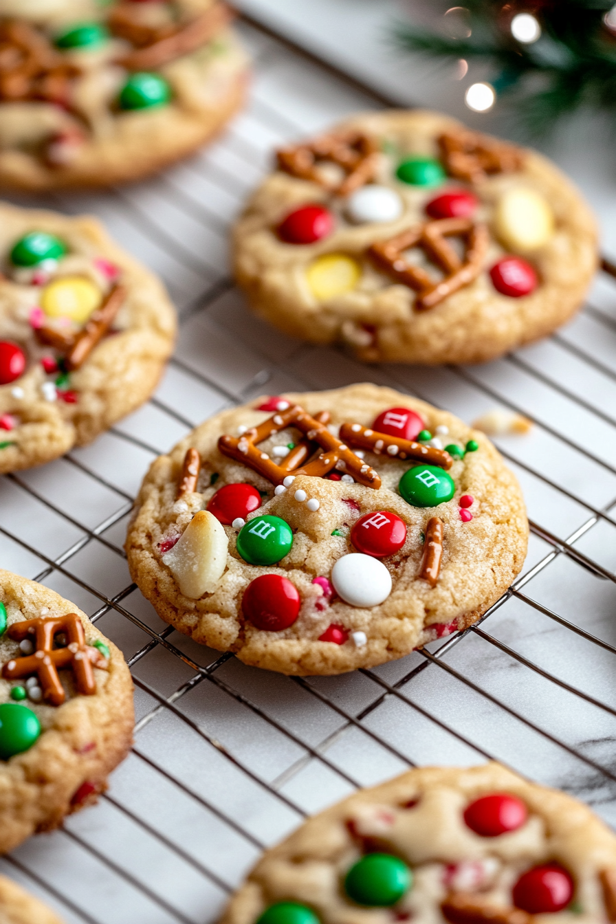 Baked cookies resting on a wire cooling rack on the white marble cooktop, with a light dusting of sprinkles and festive holiday decorations in the background.