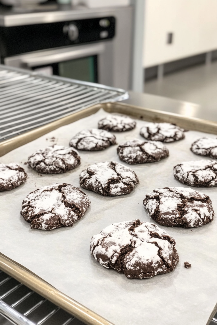 Freshly baked crinkle cookies are cooling on a parchment-lined baking sheet. The rich chocolate cracks contrast beautifully with the powdered sugar. A cooling rack is visible nearby for transferring the cookies.