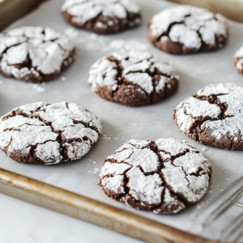 Freshly baked crinkle cookies are cooling on a parchment-lined baking sheet. The rich chocolate cracks contrast beautifully with the powdered sugar. A cooling rack is visible nearby for transferring the cookies.