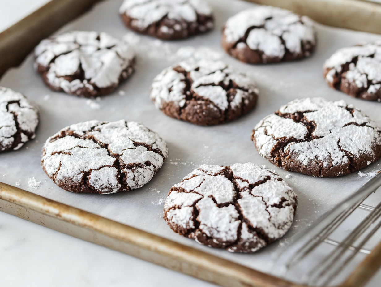 Freshly baked crinkle cookies are cooling on a parchment-lined baking sheet. The rich chocolate cracks contrast beautifully with the powdered sugar. A cooling rack is visible nearby for transferring the cookies.