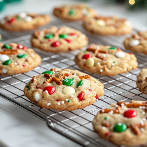 Baked cookies resting on a wire cooling rack on the white marble cooktop, with a light dusting of sprinkles and festive holiday decorations in the background.