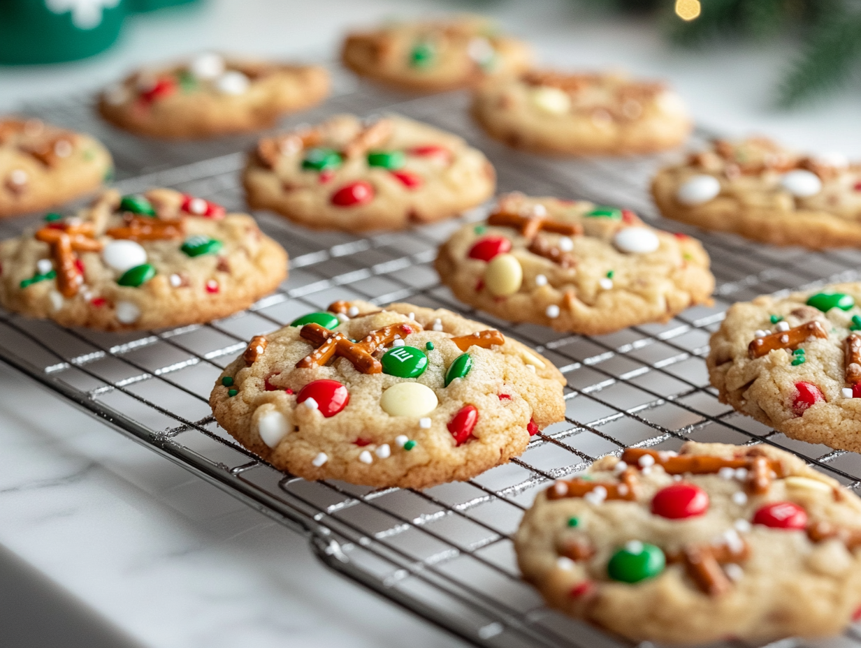 Baked cookies resting on a wire cooling rack on the white marble cooktop, with a light dusting of sprinkles and festive holiday decorations in the background.