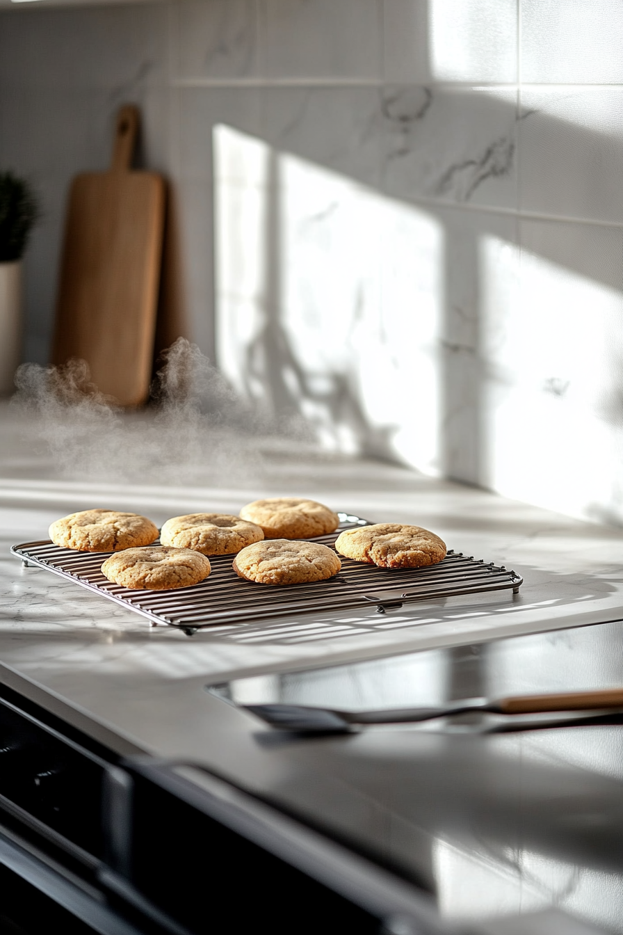 Freshly baked cookies cooling on a wire rack over the white marble cooktop. A spatula and baking sheet are nearby, with light steam rising from the cookies.