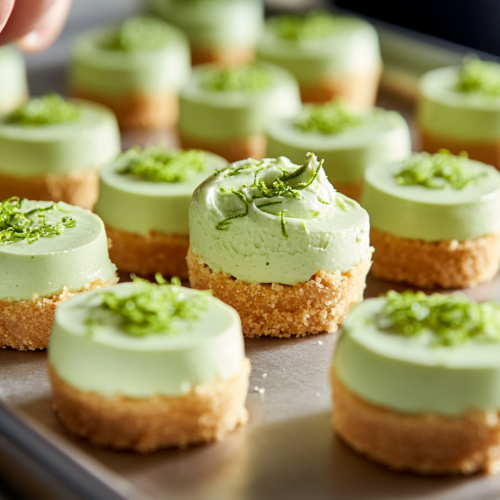 The mini cheesecakes are carefully removed from the pan and placed on a serving tray. They are topped with a smooth, green-colored filling, neatly plated, with a light golden-brown crust visible at the bottom, ready to be served.