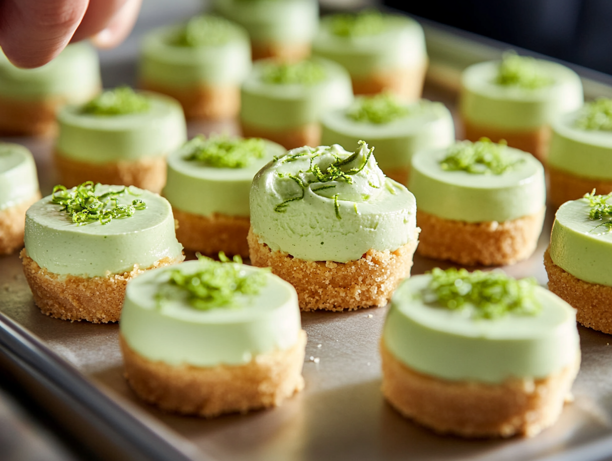 The mini cheesecakes are carefully removed from the pan and placed on a serving tray. They are topped with a smooth, green-colored filling, neatly plated, with a light golden-brown crust visible at the bottom, ready to be served.