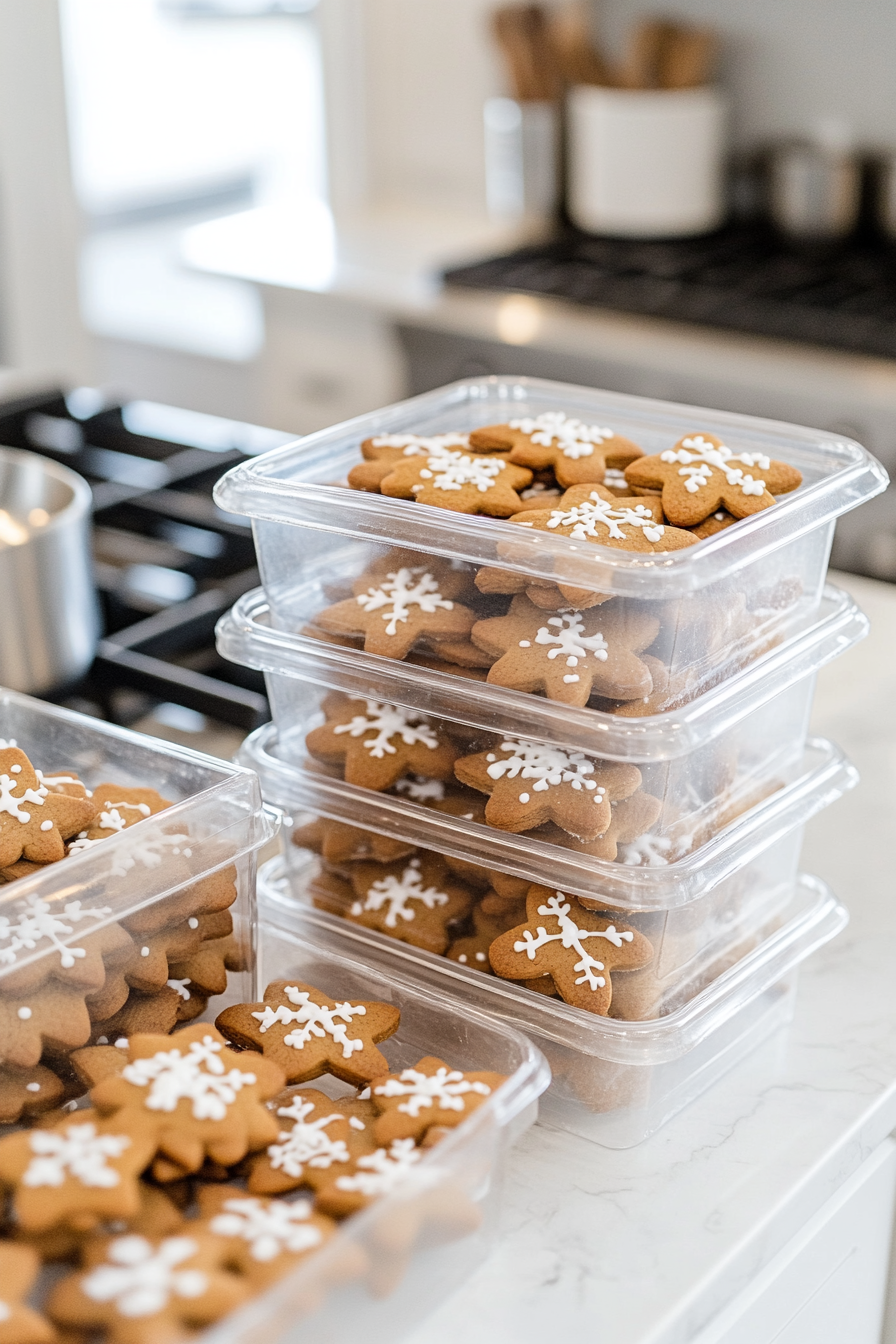 A stack of airtight containers filled with decorated gingerbread cookies is arranged on the white marble cooktop. The containers are sealed, preserving the festive treats for later enjoyment.