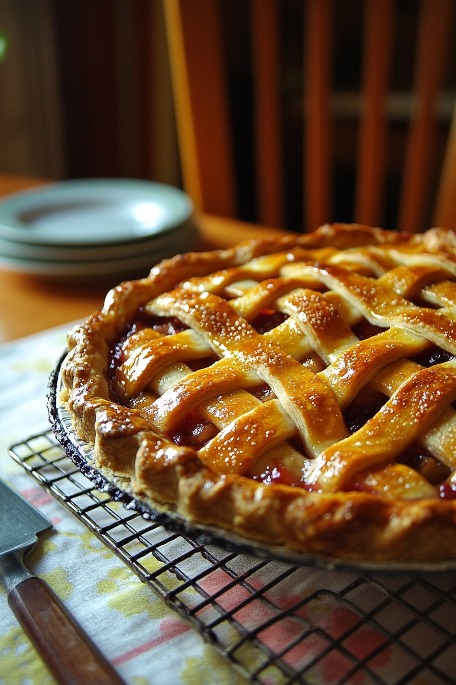 The baked apple cranberry pie cools on a wire rack over the white marble cooktop. Its golden, flaky lattice crust is enticing, with cranberry juices bubbling through. Beside the pie is a sharp pie server and a white plate holding a slice of pie, showcasing the vibrant, spiced fruit filling.