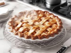 The freshly baked apple pie cools on a wire rack over the white marble cooktop. Its golden lattice crust is perfectly crisp, with tender apple filling visible through the gaps. Steam rises gently, and a knife and serving dish nearby are ready to serve the first slice.