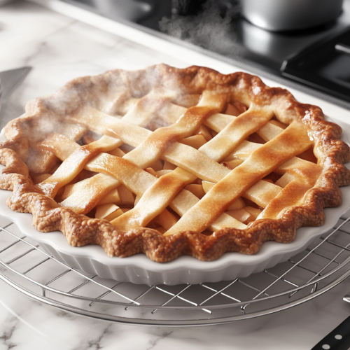 The freshly baked apple pie cools on a wire rack over the white marble cooktop. Its golden lattice crust is perfectly crisp, with tender apple filling visible through the gaps. Steam rises gently, and a knife and serving dish nearby are ready to serve the first slice.