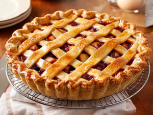 The baked apple cranberry pie cools on a wire rack over the white marble cooktop. Its golden, flaky lattice crust is enticing, with cranberry juices bubbling through. Beside the pie is a sharp pie server and a white plate holding a slice of pie, showcasing the vibrant, spiced fruit filling.