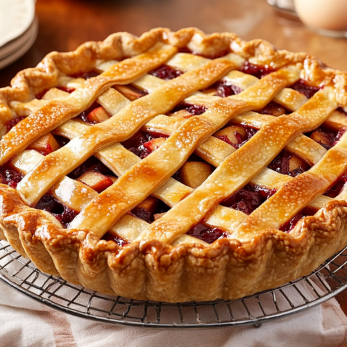 The baked apple cranberry pie cools on a wire rack over the white marble cooktop. Its golden, flaky lattice crust is enticing, with cranberry juices bubbling through. Beside the pie is a sharp pie server and a white plate holding a slice of pie, showcasing the vibrant, spiced fruit filling.