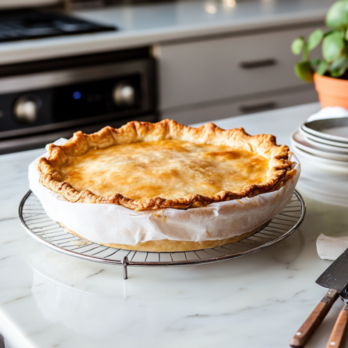 The baked pie, still wrapped in parchment, cools on a wire rack placed over the white marble cooktop. Steam escapes gently from the warm pie, showcasing its golden and crisp top. Nearby, a plate and serving utensils await to slice and serve the freshly baked dessert.