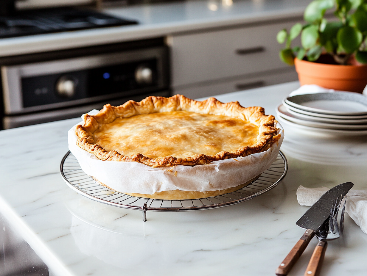 The baked pie, still wrapped in parchment, cools on a wire rack placed over the white marble cooktop. Steam escapes gently from the warm pie, showcasing its golden and crisp top. Nearby, a plate and serving utensils await to slice and serve the freshly baked dessert.