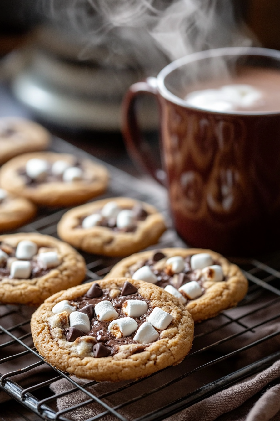 The freshly baked hot chocolate cookies cool on a wire rack. In the background, a steaming mug of hot chocolate adds a cozy touch. A few cookies are stacked, with melted chocolate chips and marshmallow bits peeking out invitingly.The freshly baked hot chocolate cookies cool on a wire rack. In the background, a steaming mug of hot chocolate adds a cozy touch. A few cookies are stacked, with melted chocolate chips and marshmallow bits peeking out invitingly.The freshly baked hot chocolate cookies cool on a wire rack. In the background, a steaming mug of hot chocolate adds a cozy touch. A few cookies are stacked, with melted chocolate chips and marshmallow bits peeking out invitingly.