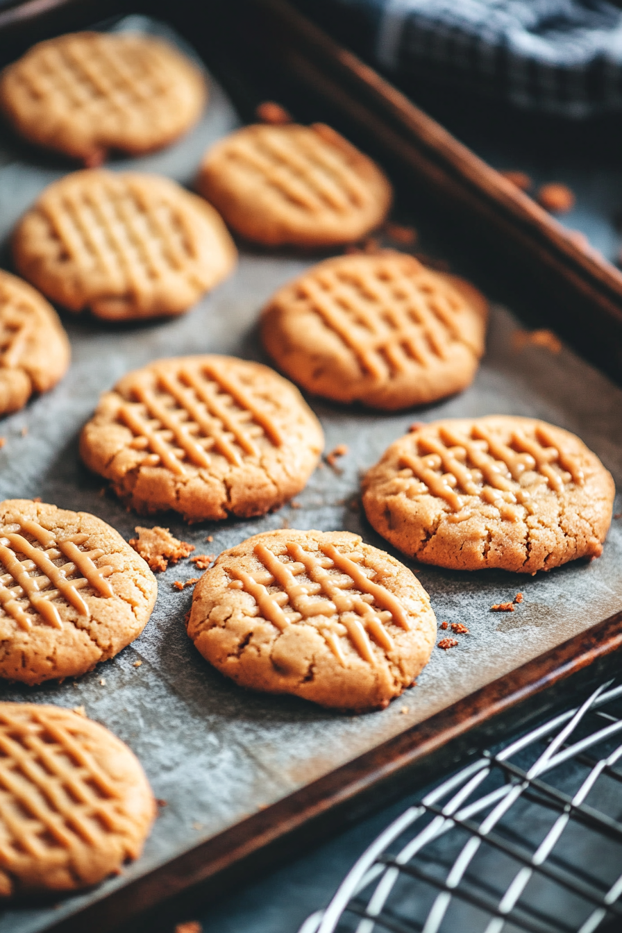 Peanut butter cookie dough balls are baking in the oven at 350°F for about 10 minutes. The oven door is slightly open, revealing golden brown edges, with a timer counting down.