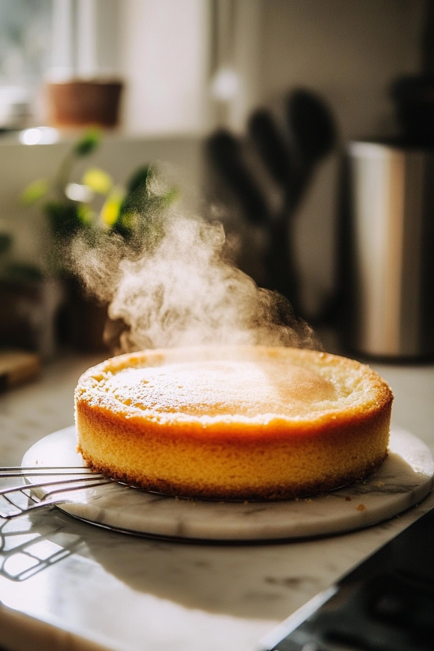 The baked cake rests on the white marble cooktop to cool, its golden surface emitting light steam. A cooling rack is placed nearby, ready to assist in the process