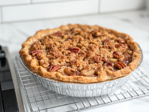 The baked Pecan Pie Apple Crisp rests on a wire rack on the white marble cooktop. The crumb topping glistens in the light, and the pie cools completely, signaling it is ready to slice and serve.