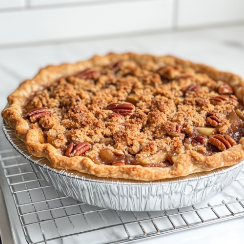 The baked Pecan Pie Apple Crisp rests on a wire rack on the white marble cooktop. The crumb topping glistens in the light, and the pie cools completely, signaling it is ready to slice and serve.