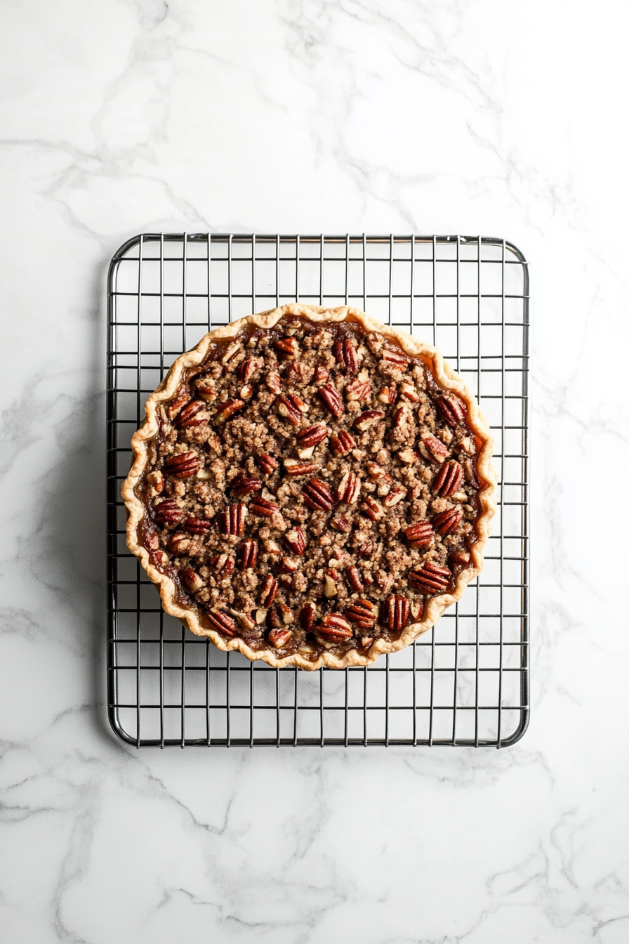 The baked Pecan Pie Apple Crisp rests on a wire rack on the white marble cooktop. The crumb topping glistens in the light, and the pie cools completely, signaling it is ready to slice and serve.