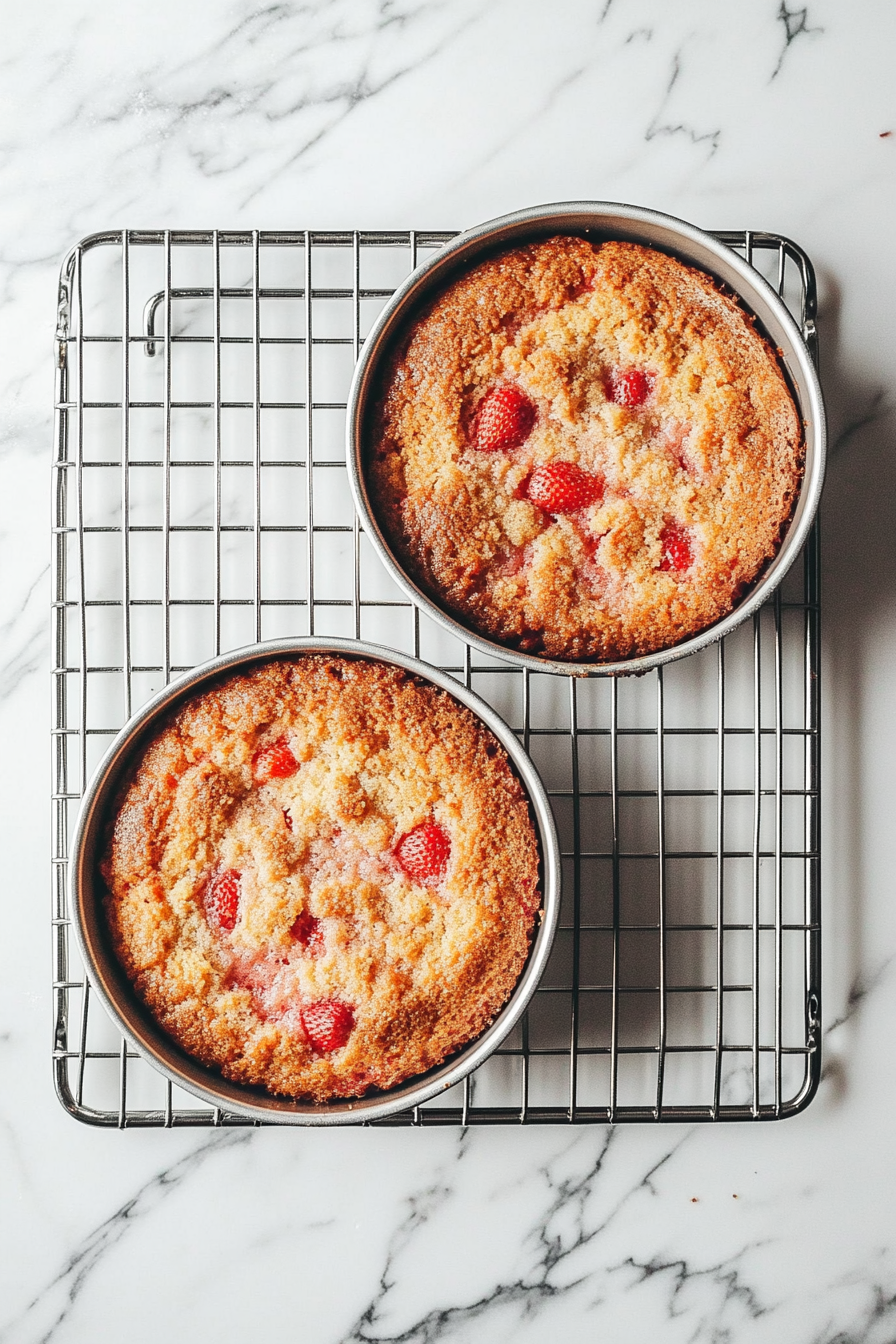 Two cake pans are cooling on a wire rack placed over a white marble cooktop. The cakes have golden edges, and the pans are resting for the final cooling phase before being transferred.