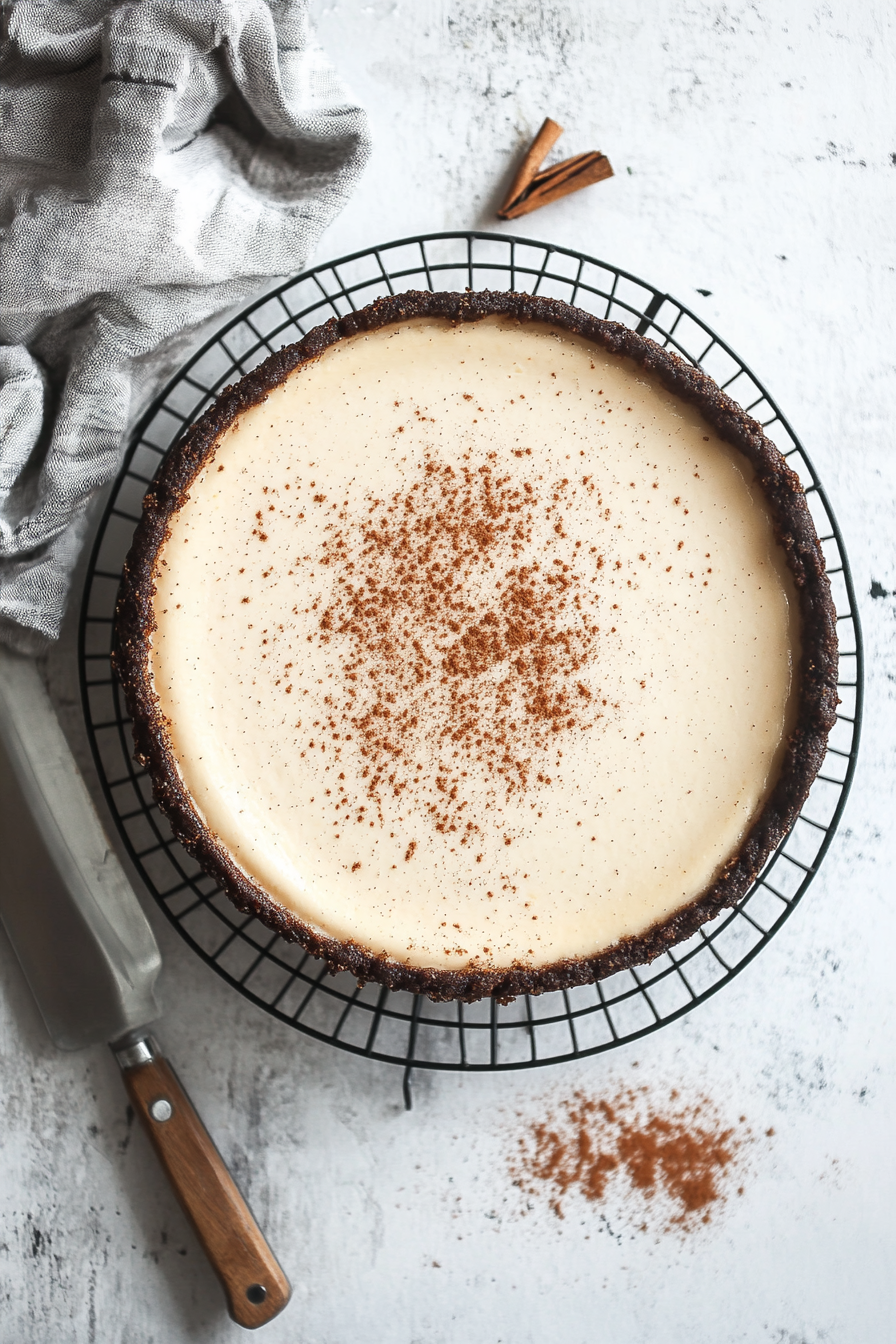 The baked cheesecake cooling on a wire rack with a smooth, slightly jiggly center. A festive touch of ground nutmeg is sprinkled on top, with a serving knife placed beside it