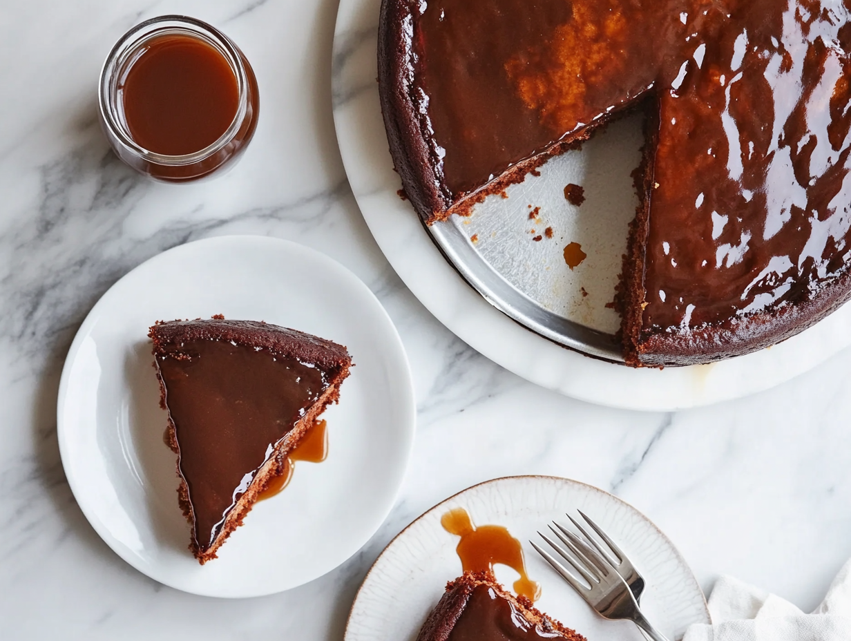 The Swedish Apple Cake cools on the white marble cooktop, its springform pan removed to reveal a caramel-cracked top. Slices are plated with forks, accompanied by a small pitcher of extra caramel sauce for drizzling.