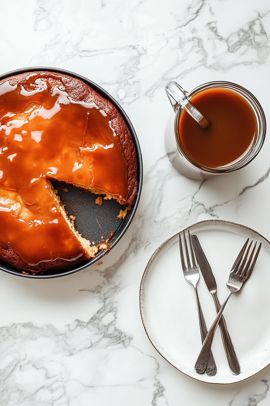 The caramel-covered cake is back in the oven, sitting on the white marble cooktop. The caramel topping develops a cracked, golden crust as it bakes, with gentle steam escaping the oven.