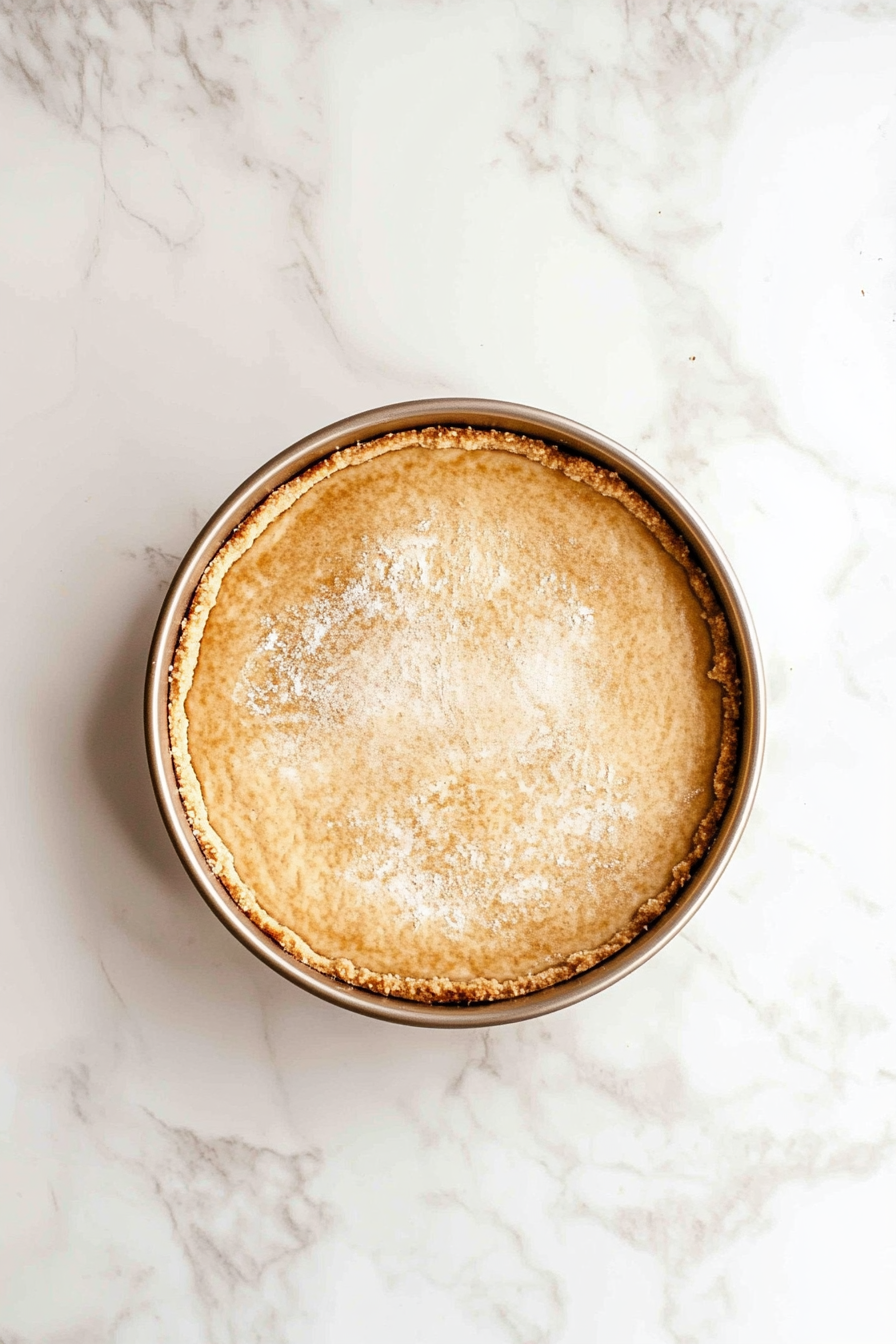 A 10-inch springform pan on the white marble cooktop features the graham cracker mixture being firmly pressed into the base using the back of a measuring cup. The crust appears smooth, compact, and even.