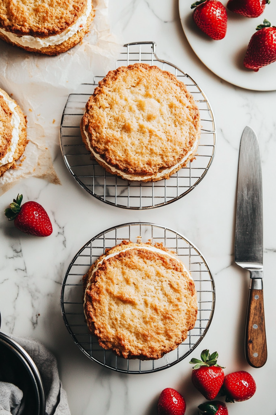 The baked cake layers cooling on wire racks placed on the white marble cooktop. A knife rests nearby, showing the edges gently loosened as the golden layers cool to perfection