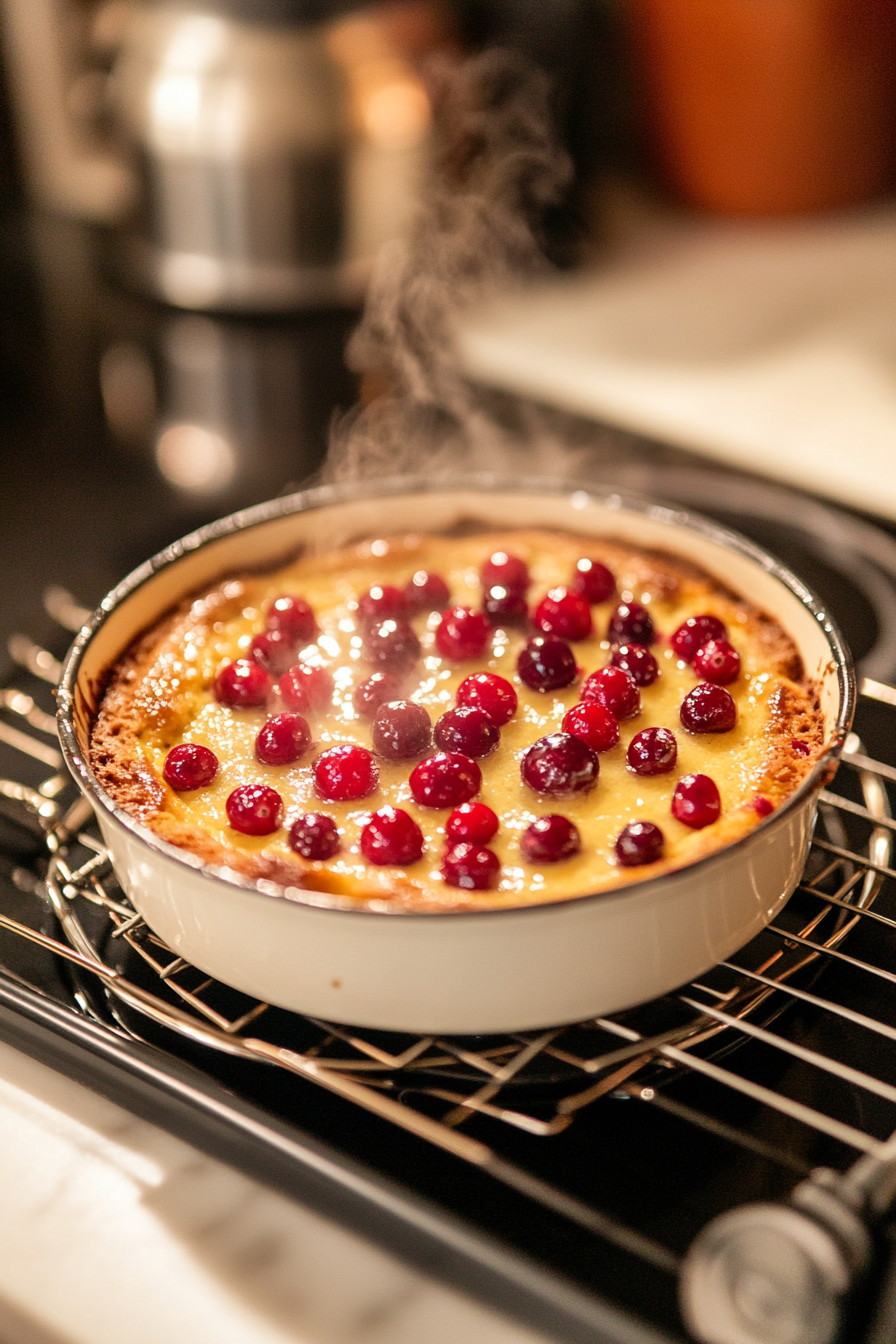 The cranberry cake resting in the baking dish on the white marble cooktop for 10 minutes. Steam rises gently from the cake as it cools, with a wire rack nearby, ready for the final cooling