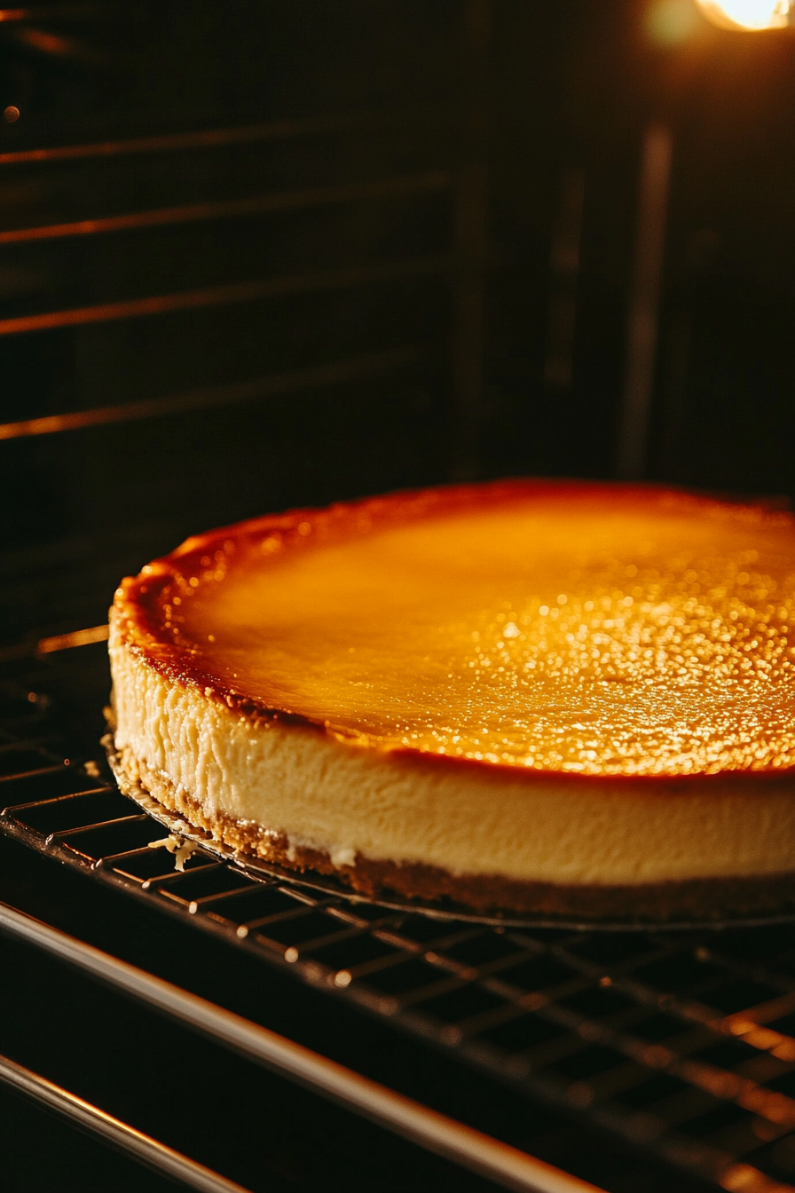 The cheesecake cools inside the oven with the door slightly ajar. The edges have a delicate golden hue, showing even baking.