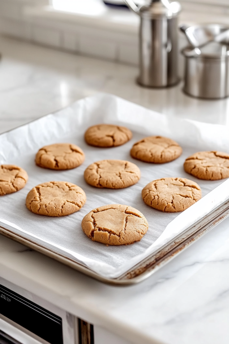 Freshly baked cookies rest on a parchment-lined baking sheet on the white marble cooktop. Gentle steam rises as they cool for 5 minutes before being transferred.