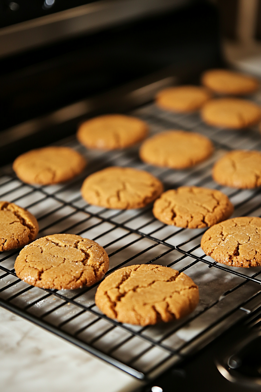 Freshly baked cookies cooling on a wire rack with the baking sheet nearby, showing the cookies cooling for 5 minutes before transferring."