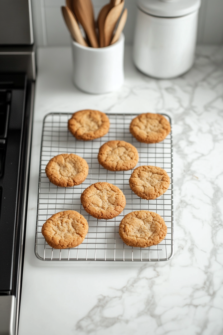 The cookies cool on a wire rack placed on the white marble cooktop. Their golden-brown texture is perfectly set and ready for filling.