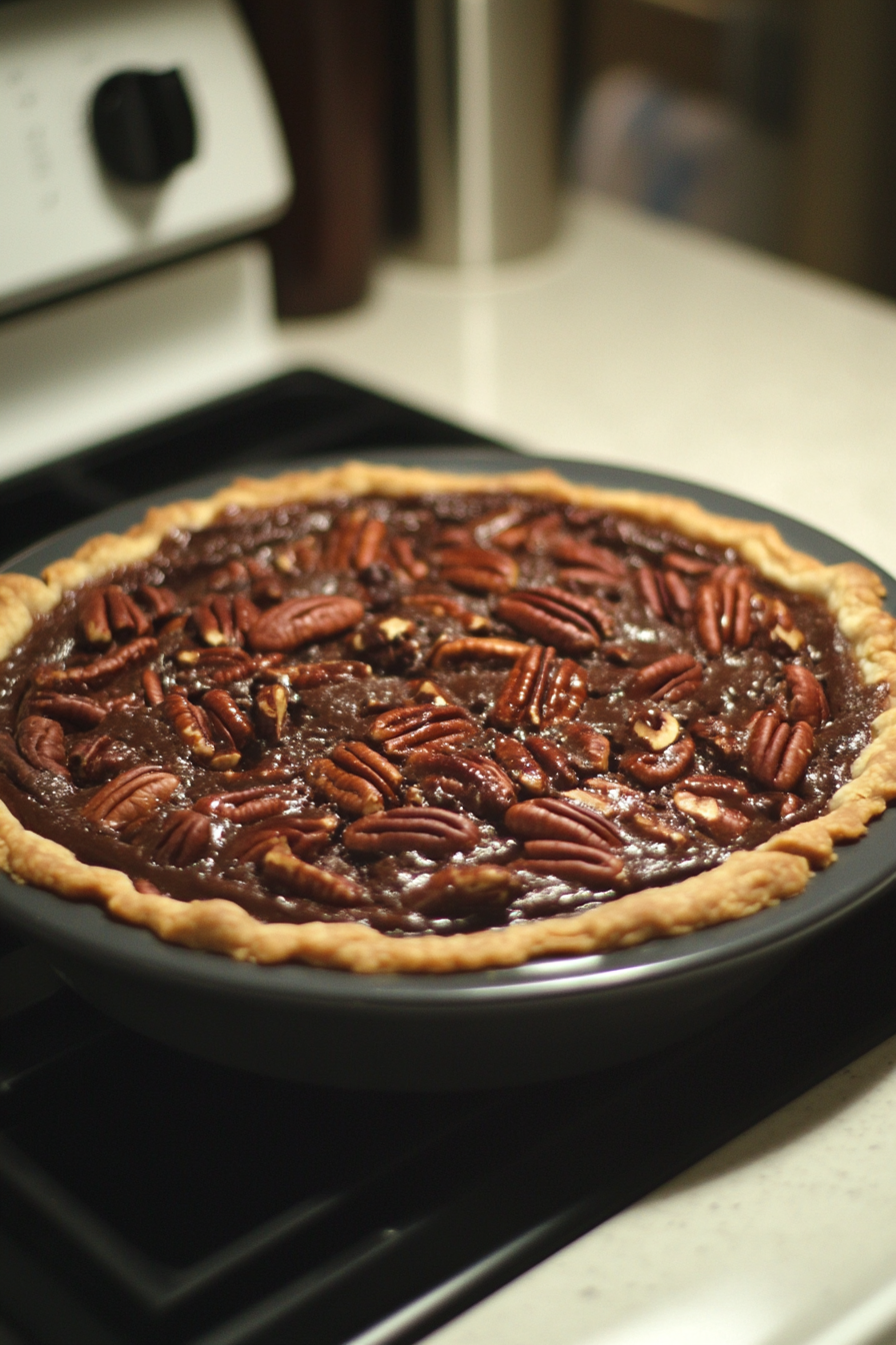 The baked chocolate pecan pie cools on the white marble cooktop. The filling is set, glistening with melted chocolate and pecans, and the crust is perfectly golden.