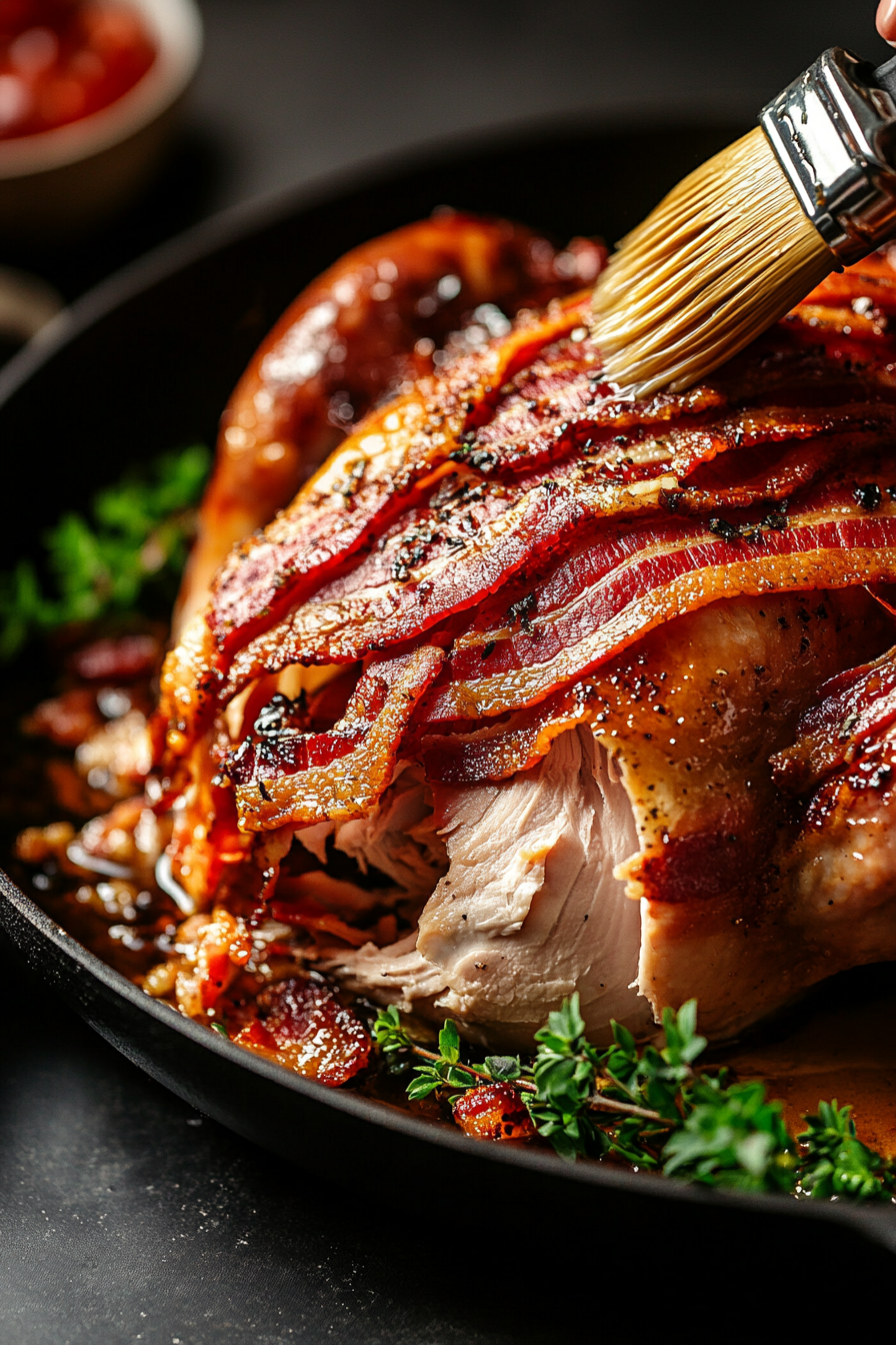 The partially roasted turkey is covered with carefully layered smoked streaky bacon. A basting brush applies pan juices for extra flavor and moisture.