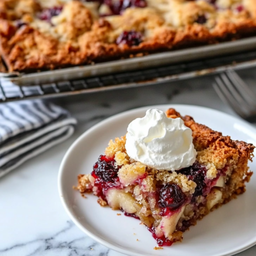 The baked dessert cooling on a wire rack, with the edges lightly golden and bubbly. A plate with a piece of the dessert is ready to be served with a dollop of Cool Whip or a scoop of ice cream