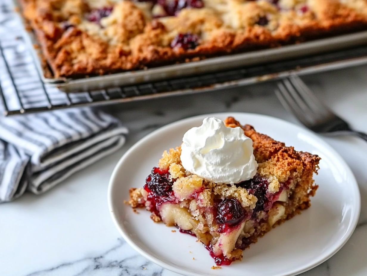 The baked dessert cooling on a wire rack, with the edges lightly golden and bubbly. A plate with a piece of the dessert is ready to be served with a dollop of Cool Whip or a scoop of ice cream