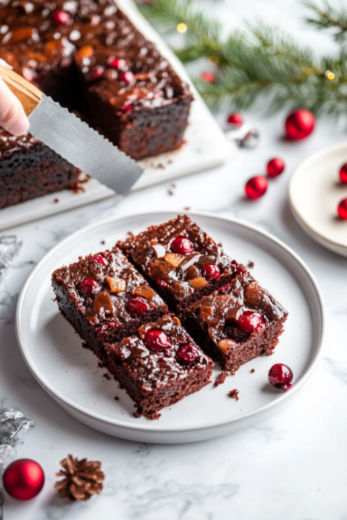 The cooled cake is sliced into neat squares on the white marble cooktop. A plate nearby holds a few pieces, ready to be served and enjoyed.