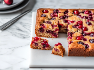 The cooled cake is sliced into neat squares on the white marble cooktop. A plate nearby holds a few pieces, ready to be served and enjoyed.